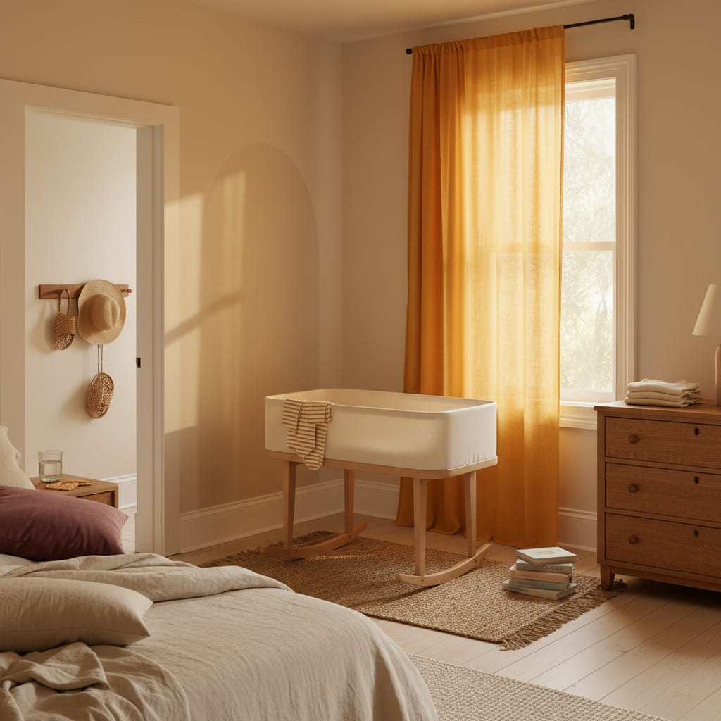 A sunlit nursery corner in progress with a bassinet, folded newborn onesies and a stack of board books